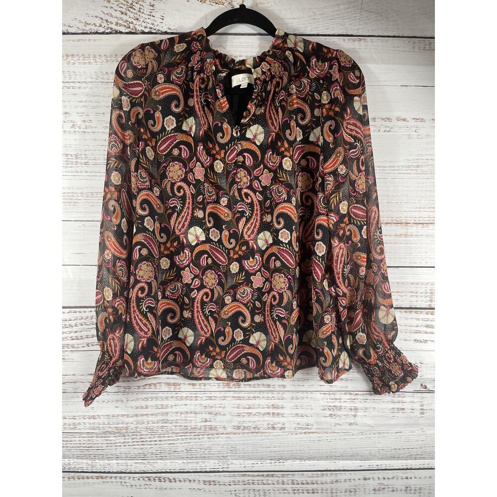LOFT Blouse Women's Size MP Black Paisley Ruffle V Neck Long Sleeve Sheer Lined - Picture 4 of 11